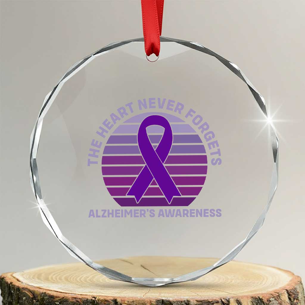 The Heart Never Forgets Alzheimers Support Crystal Glass Ornament Vintage Sunset Purple Ribbon Graphic TS12 Transparent Glass 3'' Circle Print Your Wear