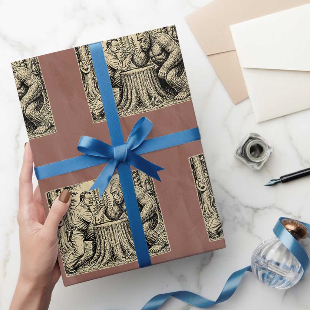 Theodore Roosevelt and Bigfoot Arm Wrestling Retro Wrapping Paper Roll TS11 Mocha Print Your Wear
