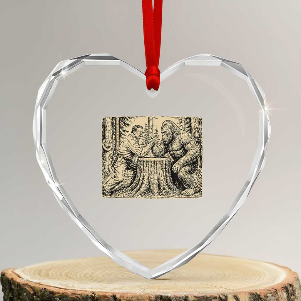 Theodore Roosevelt and Bigfoot Arm Wrestling Retro Heart Crystal Glass Ornament TS11 Transparent Glass 3'' Heart Print Your Wear