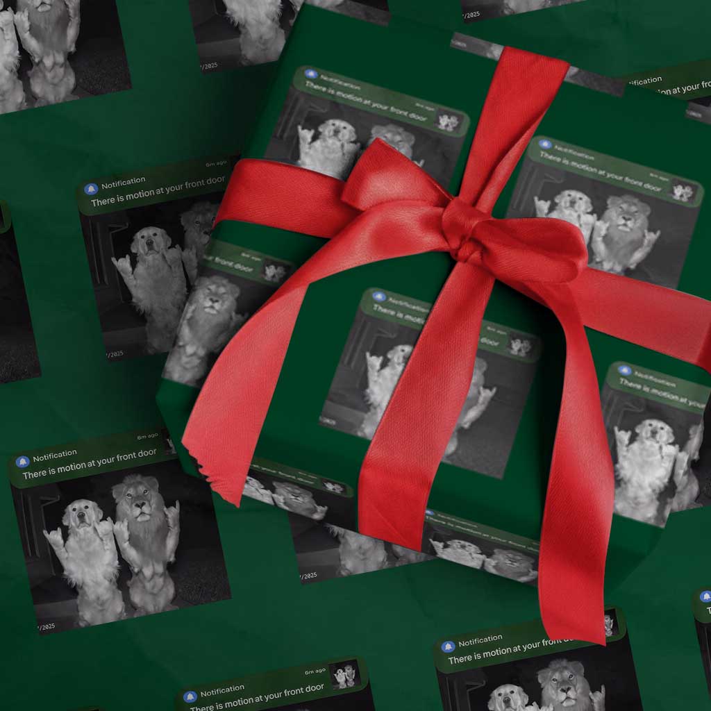 There is Motion at Your Front Door Wrapping Paper Roll Funny Golden Retriever Dog And Lion Motion Meme TS10 Green Print Your Wear
