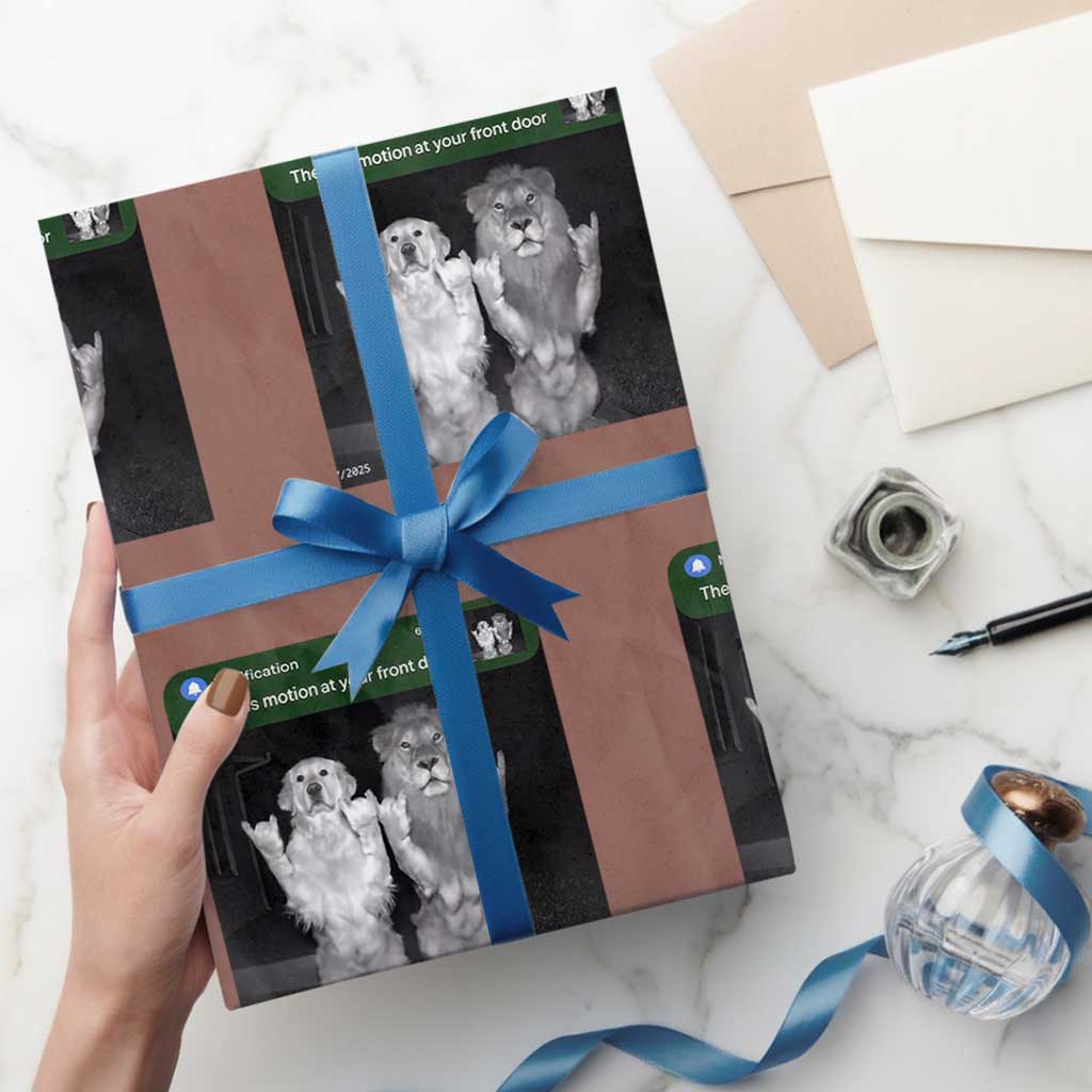 There is Motion at Your Front Door Wrapping Paper Roll Funny Golden Retriever Dog And Lion Motion Meme TS10 Mocha Print Your Wear