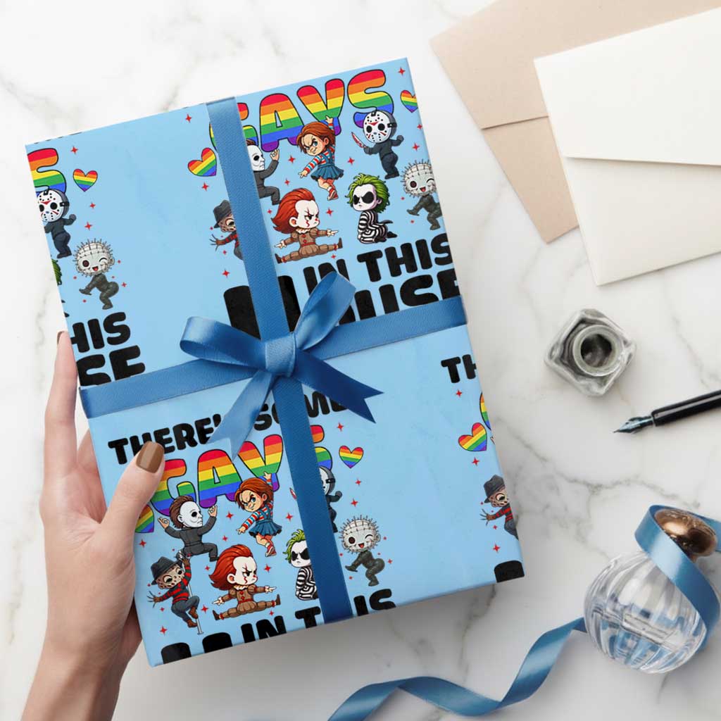 There's Some Gays in This House Wrapping Paper Roll Funny LGBTQ+ Horror Character Pride Mashup TS02 Light Blue Print Your Wear