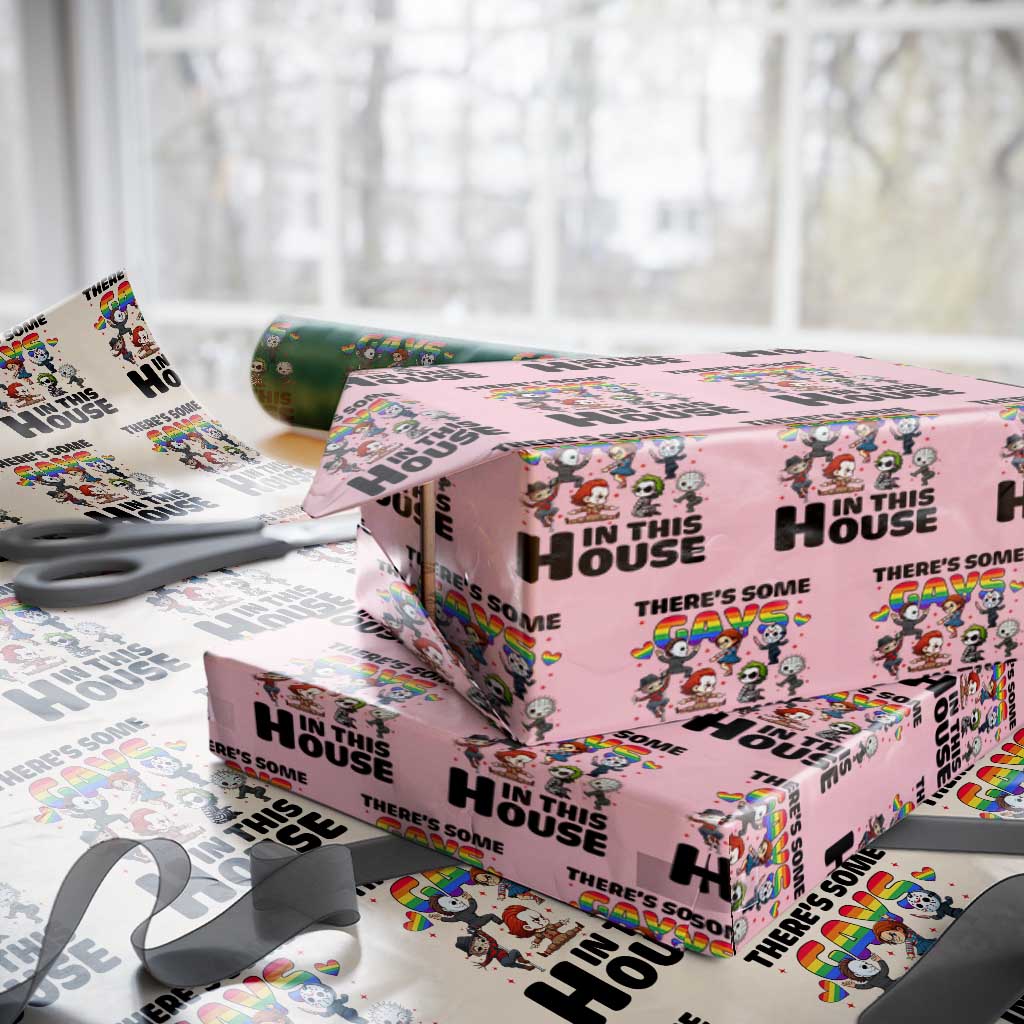 There's Some Gays in This House Wrapping Paper Roll Funny LGBTQ+ Horror Character Pride Mashup TS02 Light Pink Print Your Wear