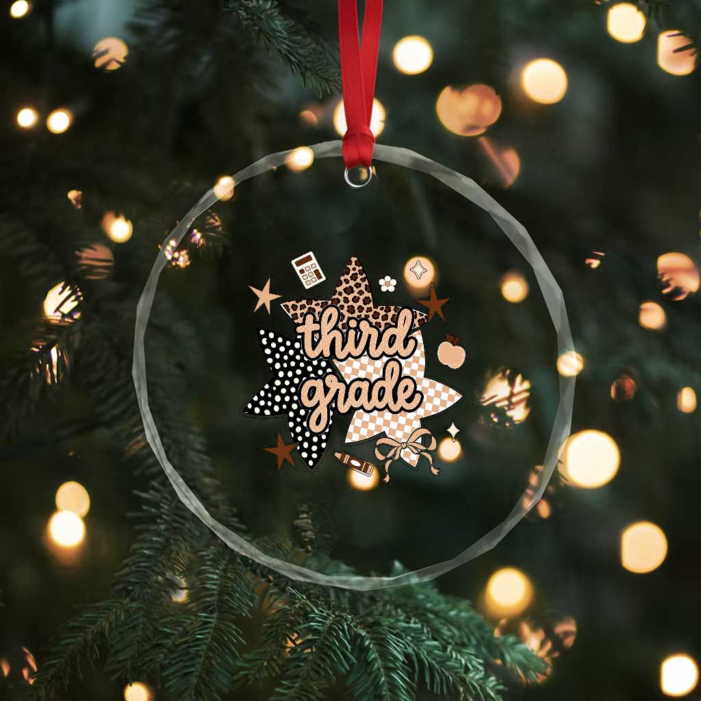 Third Grade Leopard Checkered Star Coquette Crystal Glass Ornament Cute 3rd Grade Girl Back to School Gift