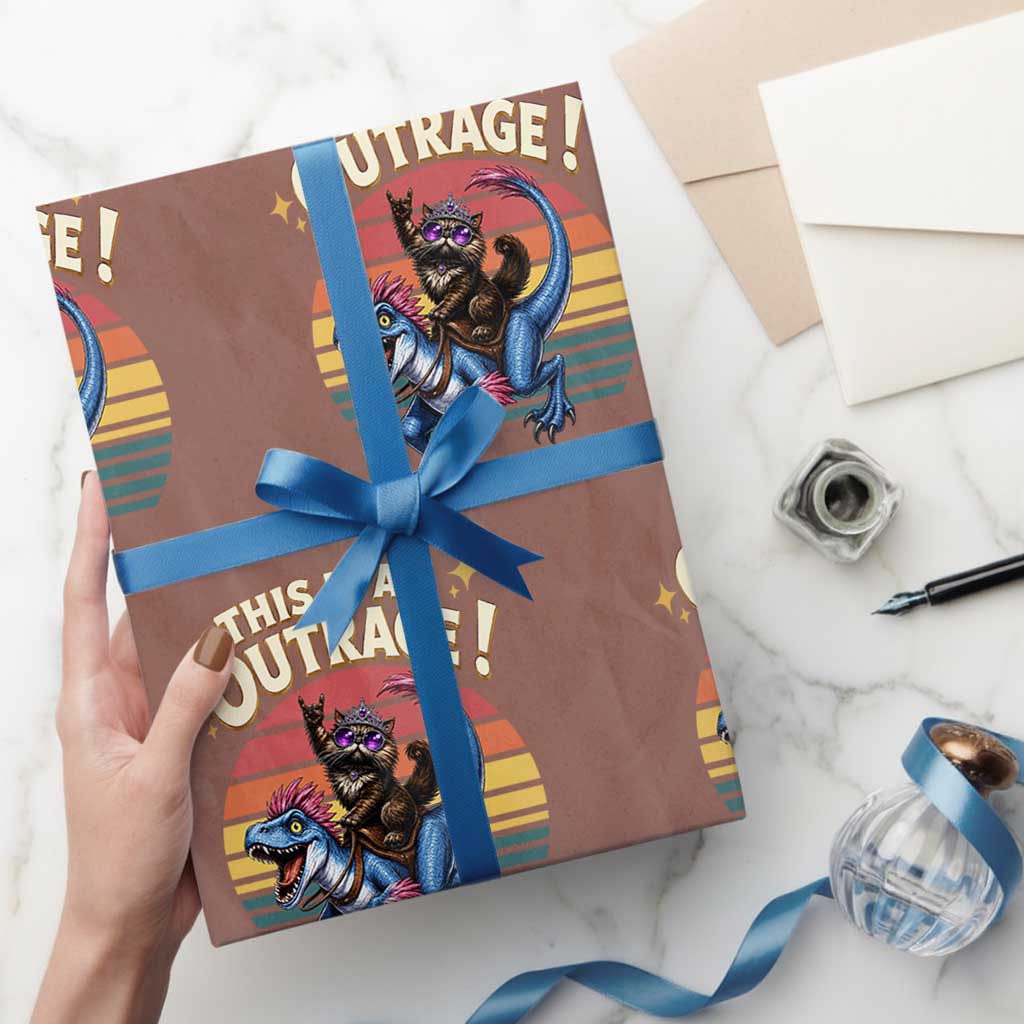 This Is An Outrage Cat Riding Dinosaur Wrapping Paper Roll Sci-Fi Book Lover Gift