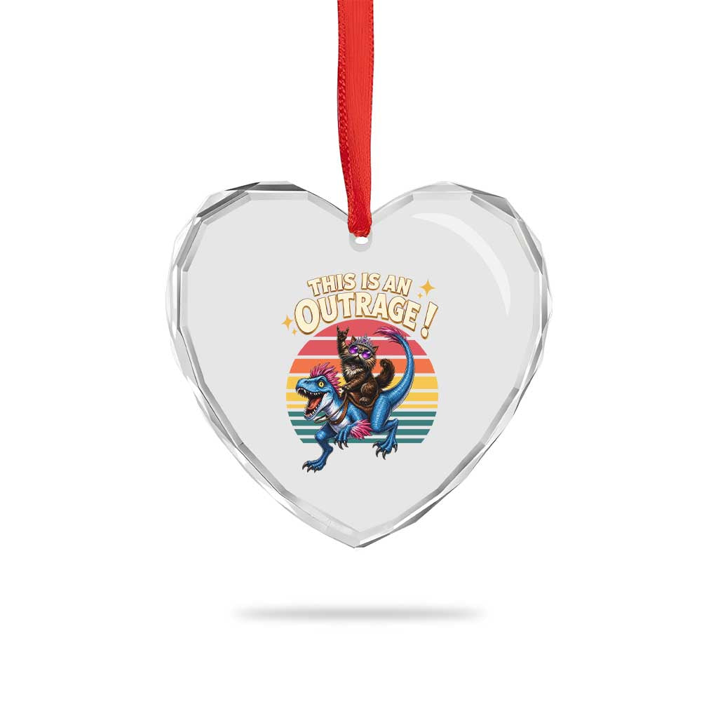 This Is An Outrage Cat Riding Dinosaur Heart Crystal Glass Ornament Sci-Fi Book Lover Gift