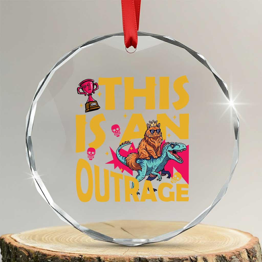 This Is An Outrage Sassy Cat Riding Raptor Dinosaur Crystal Glass Ornament Retro Pop Art Graphic