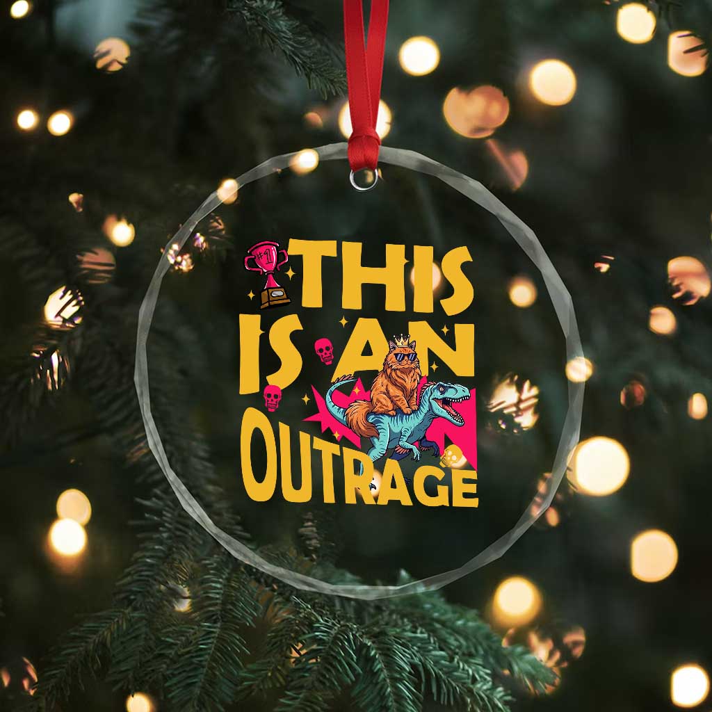 This Is An Outrage Sassy Cat Riding Raptor Dinosaur Crystal Glass Ornament Retro Pop Art Graphic