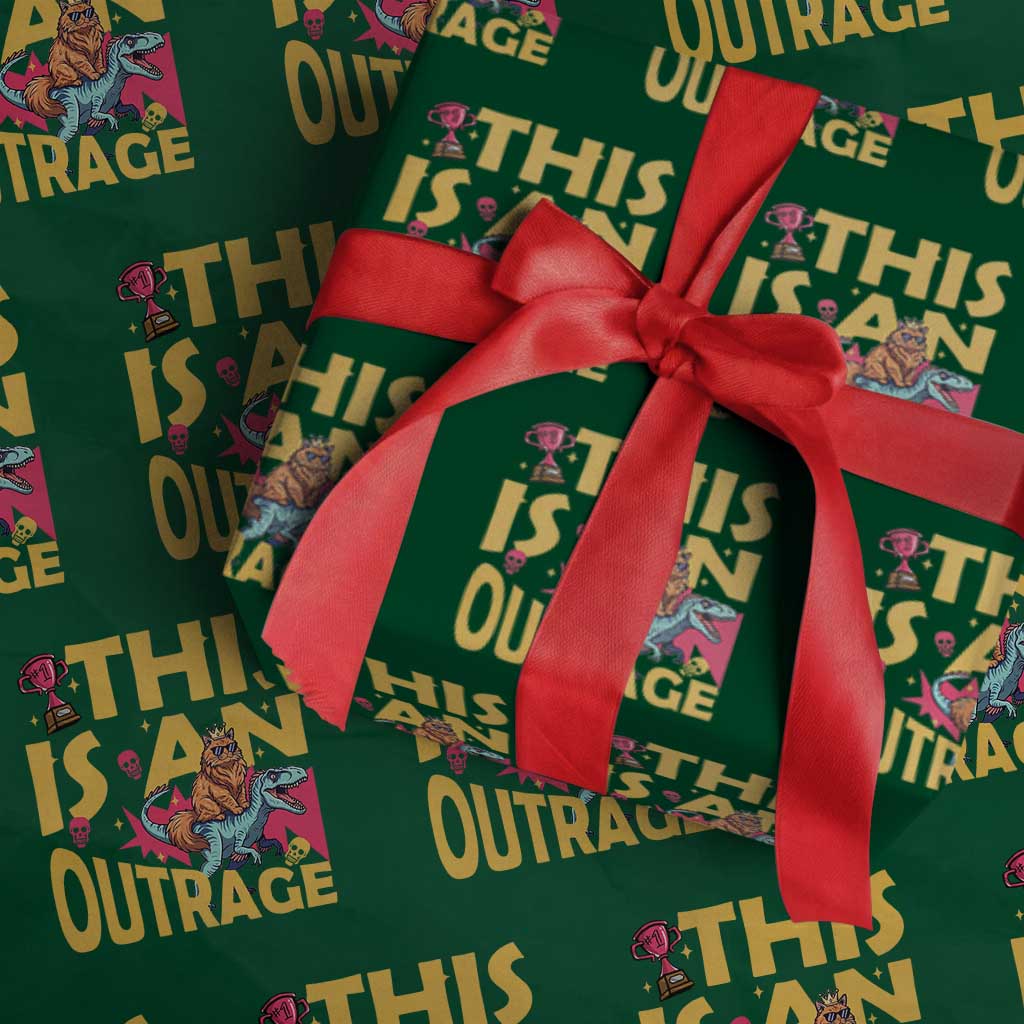 This Is An Outrage Sassy Cat Riding Raptor Dinosaur Wrapping Paper Roll Retro Pop Art Graphic TS02 Green Print Your Wear