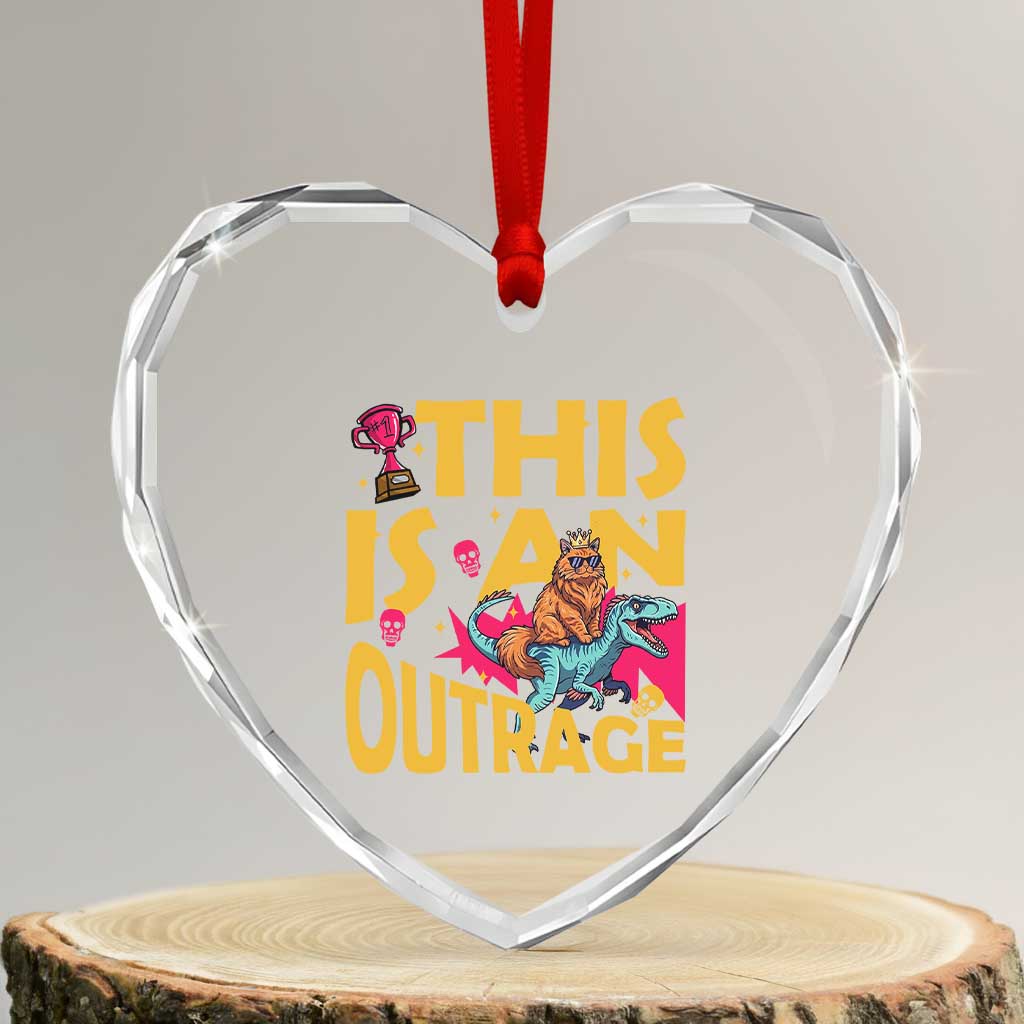 This Is An Outrage Sassy Cat Riding Raptor Dinosaur Heart Crystal Glass Ornament Retro Pop Art Graphic TS02 Transparent Glass 3'' Heart Print Your Wear