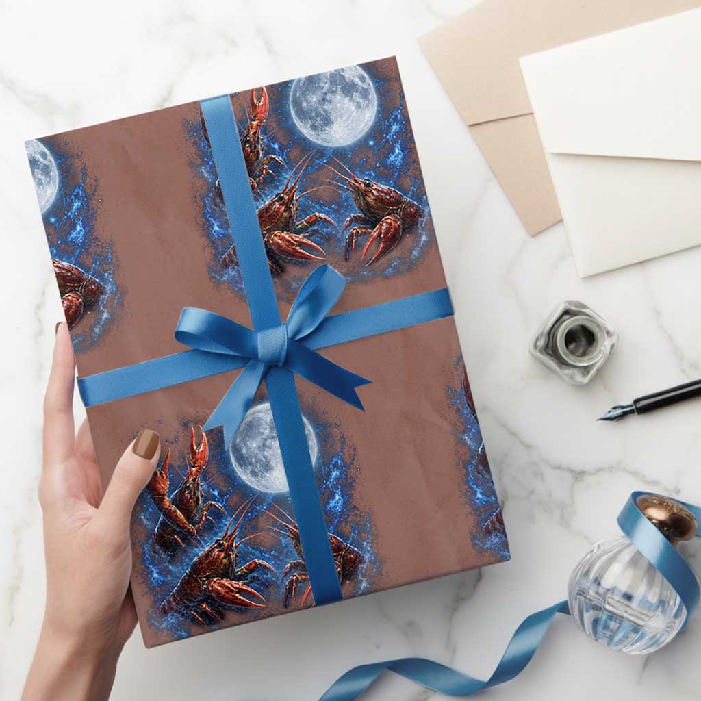 Three Crawfish Moon Wrapping Paper Roll Lobster Howling To The Moon Vintage Moon Animals TS10 Mocha Print Your Wear