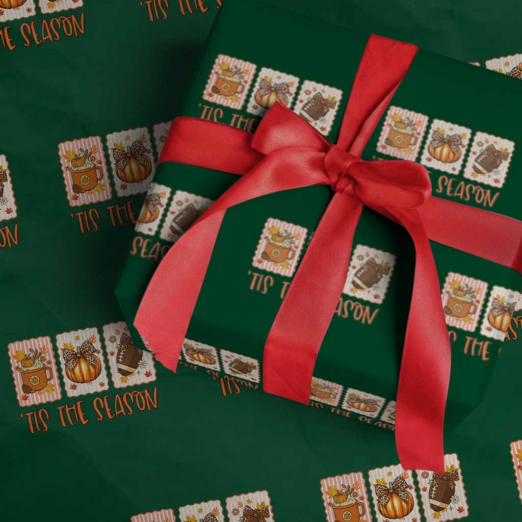 Tis The Season Fall Thanksgiving Wrapping Paper Roll American Football Pumpkin Postage Stamps TS11 Green Print Your Wear