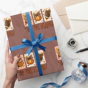 Tis The Season Fall Thanksgiving Wrapping Paper Roll American Football Pumpkin Postage Stamps TS11 Mocha Print Your Wear
