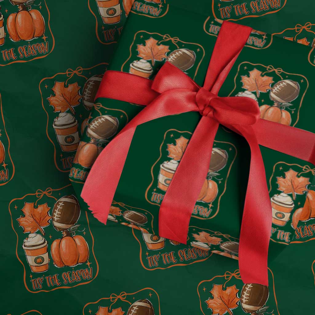 Tis The Season Fall Thanksgiving Wrapping Paper Roll Retro Coquette Bow American Football Pumpkin TS11 Green Print Your Wear