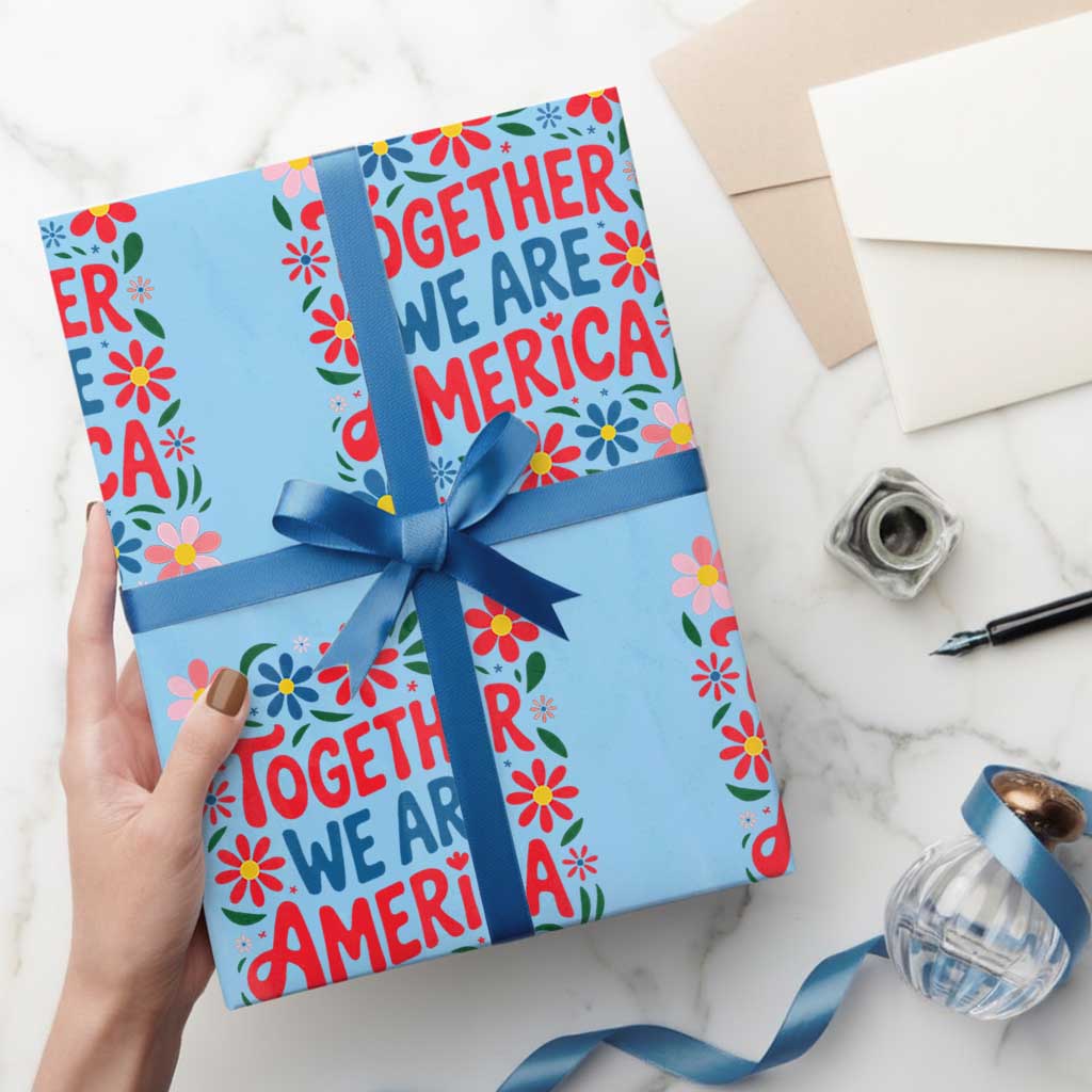 Together We Are America Floral Patriotic Wrapping Paper Roll Retro Red White and Blue Bunny Inspirational Quote TS02 Light Blue Print Your Wear