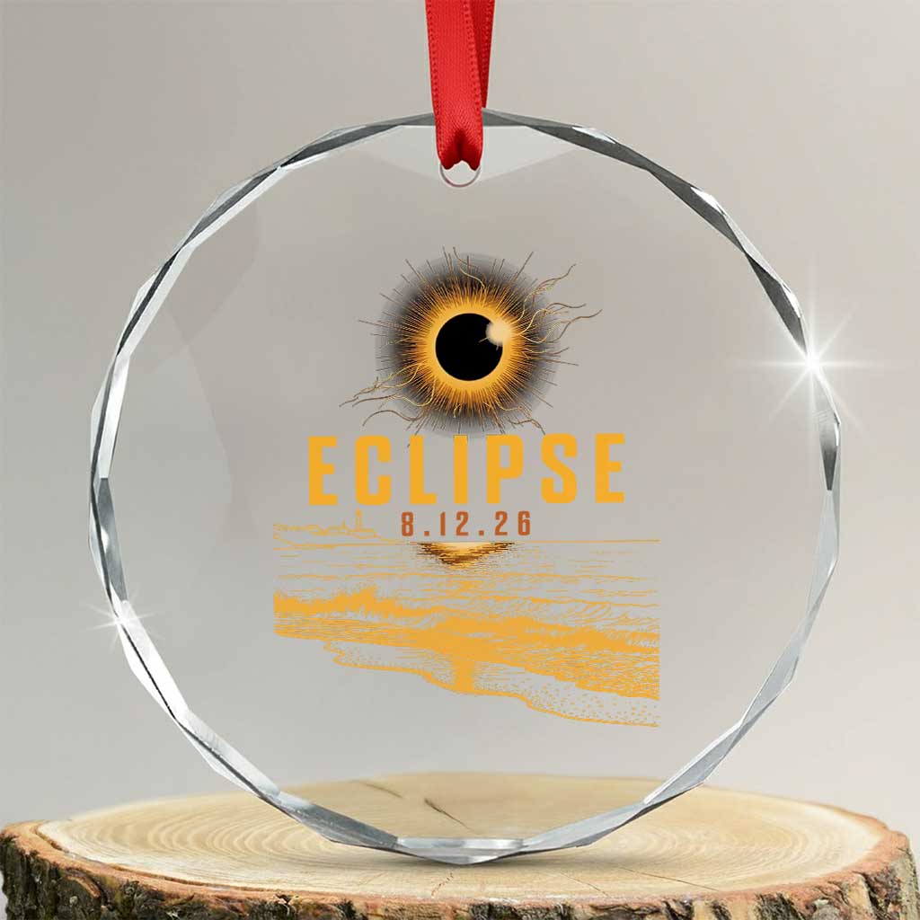 Total Solar Eclipse August 12 2026 Celestial Totality Crystal Glass Ornament Ocean Beach View Astronomy Souvenir TS02 Transparent Glass 3'' Circle Print Your Wear