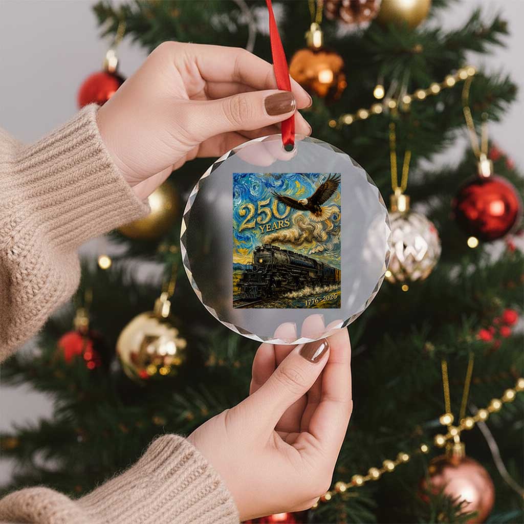 Train USA 250 Year Anniversary 1776 2026 Crystal Glass Ornament Van Gogh Art Steam Locomotive Railroad Starry Night