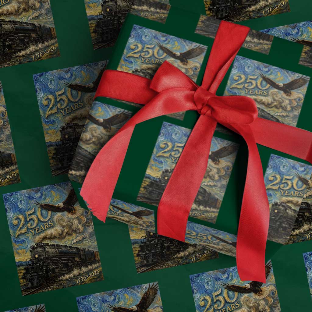 Train USA 250 Year Anniversary 1776 2026 Wrapping Paper Roll Van Gogh Art Steam Locomotive Railroad Starry Night TS11 Green Print Your Wear