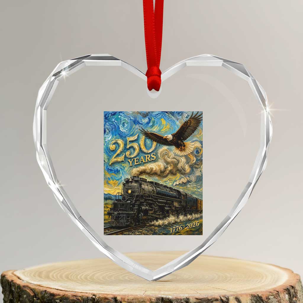 Train USA 250 Year Anniversary 1776 2026 Heart Crystal Glass Ornament Van Gogh Art Steam Locomotive Railroad Starry Night TS11 Transparent Glass 3'' Heart Print Your Wear