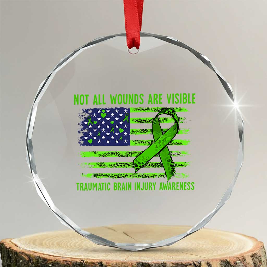 Traumatic Brain Injury Awareness Crystal Glass Ornament Not All Wounds Are Visible TBI Warrior American Flag TS02 Transparent Glass 3'' Circle Print Your Wear