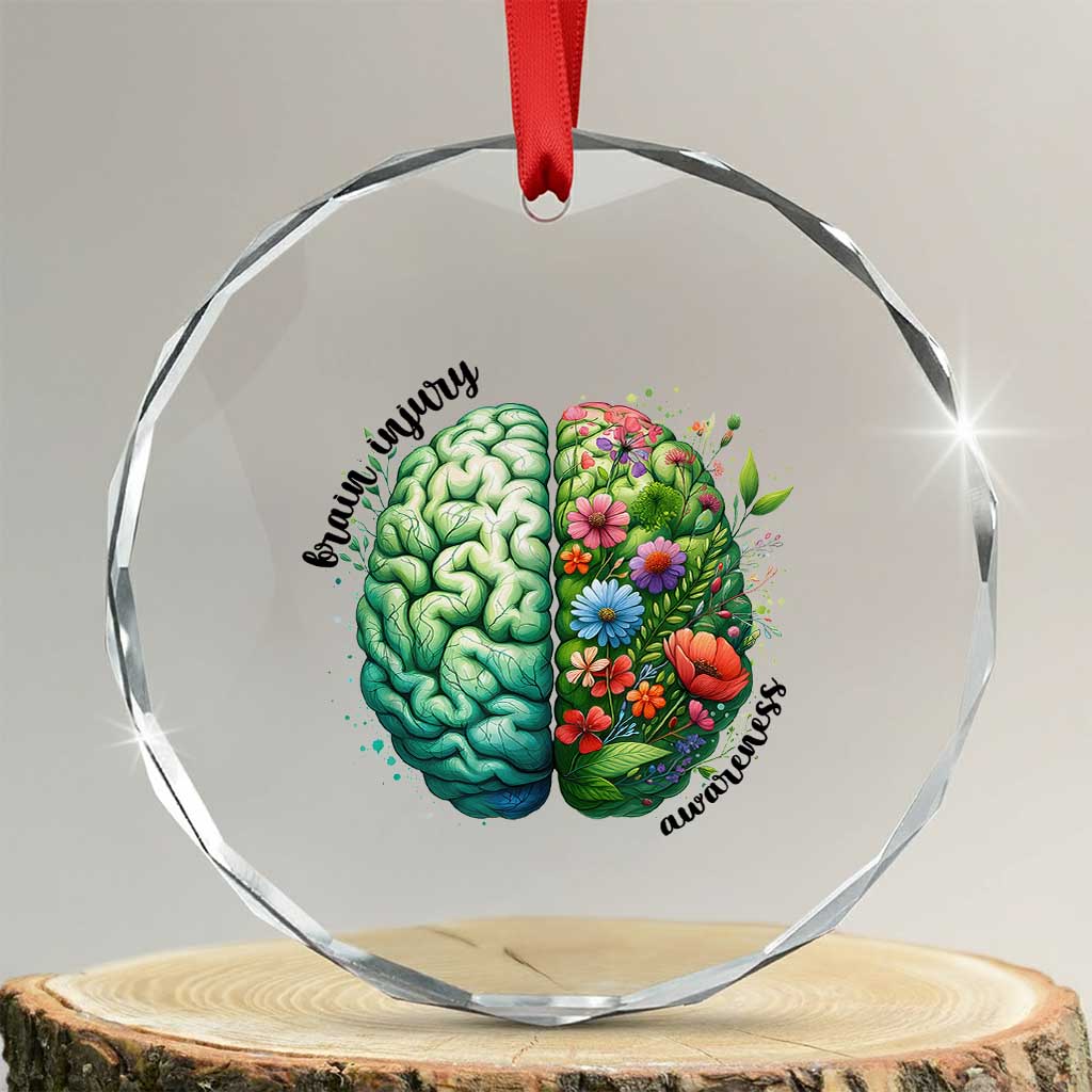 Traumatic Brain Injury Awareness Crystal Glass Ornament TBI Warrior Green Floral Brain TS02 Transparent Glass 3'' Circle Print Your Wear