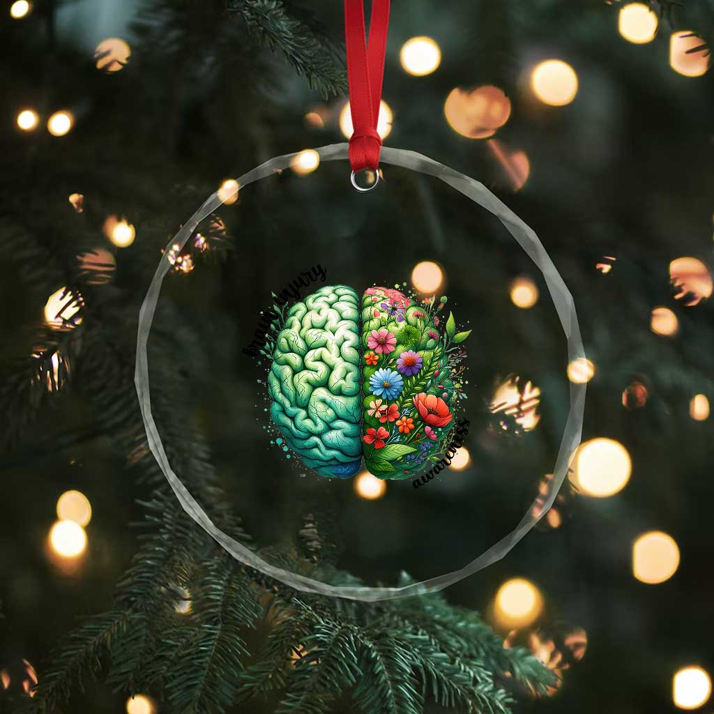 Traumatic Brain Injury Awareness Crystal Glass Ornament TBI Warrior Green Floral Brain TS02 Print Your Wear