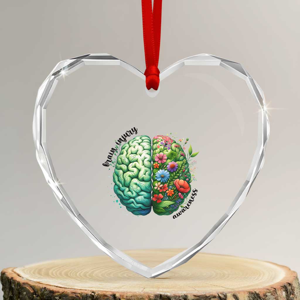 Traumatic Brain Injury Awareness Heart Crystal Glass Ornament TBI Warrior Green Floral Brain TS02 Transparent Glass 3'' Heart Print Your Wear