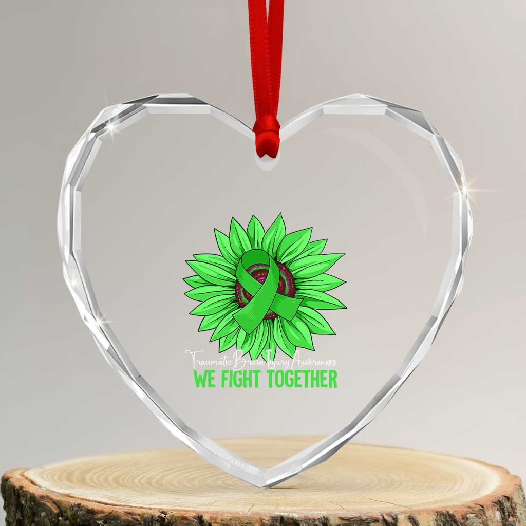Traumatic Brain Injury Awareness Heart Crystal Glass Ornament TBI We Fight Together Green Sunflower TS02 Transparent Glass 3'' Heart Print Your Wear