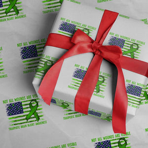 Traumatic Brain Injury Awareness Wrapping Paper Roll Not All Wounds Are Visible TBI Warrior American Flag TS02 White Print Your Wear