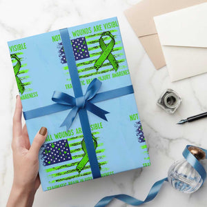 Traumatic Brain Injury Awareness Wrapping Paper Roll Not All Wounds Are Visible TBI Warrior American Flag TS02 Light Blue Print Your Wear