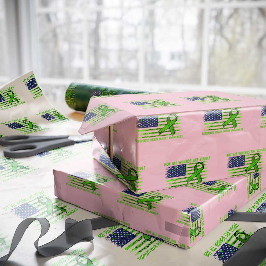 Traumatic Brain Injury Awareness Wrapping Paper Roll Not All Wounds Are Visible TBI Warrior American Flag TS02 Light Pink Print Your Wear