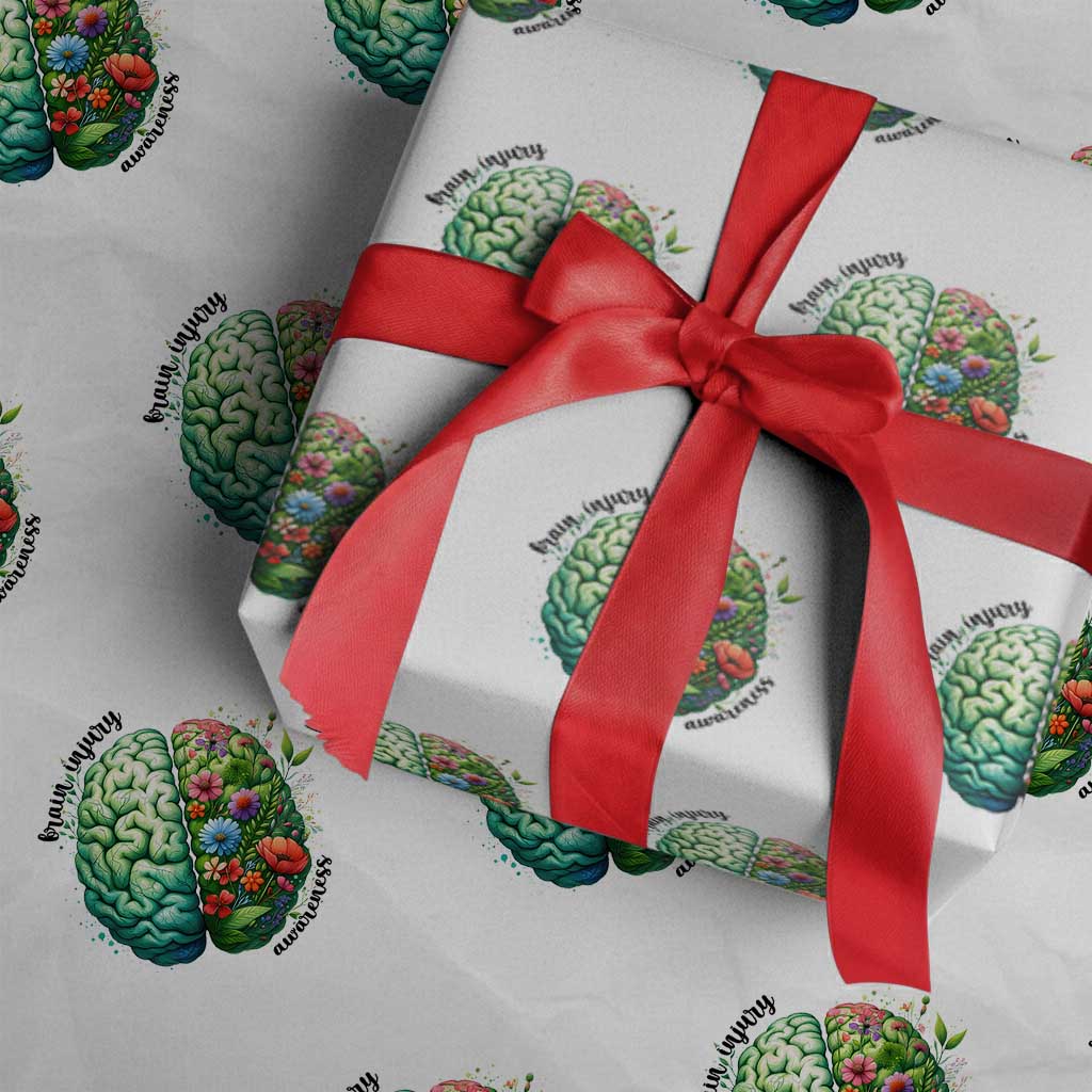 Traumatic Brain Injury Awareness Wrapping Paper Roll TBI Warrior Green Floral Brain TS02 White Print Your Wear