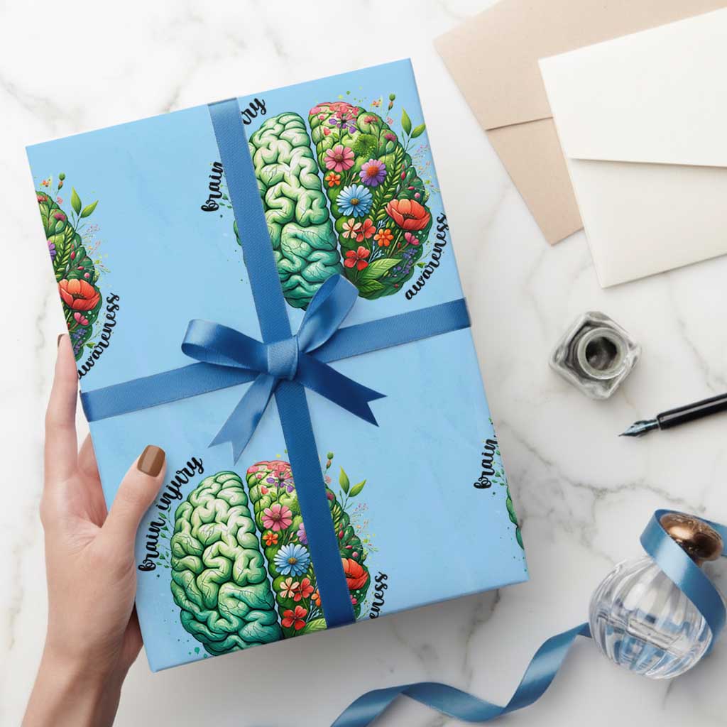 Traumatic Brain Injury Awareness Wrapping Paper Roll TBI Warrior Green Floral Brain TS02 Light Blue Print Your Wear