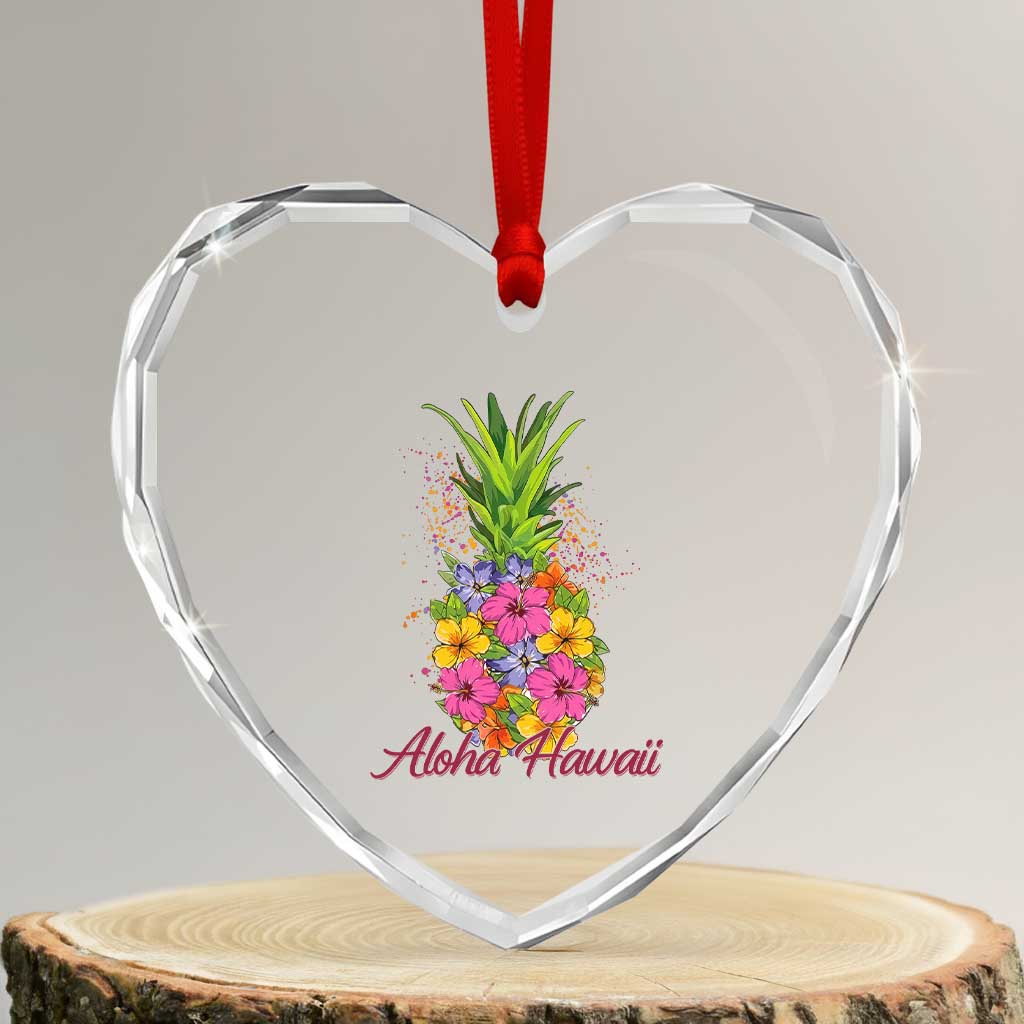 Tropical Floral Pineapple Aloha Hawaii Heart Crystal Glass Ornament Hawaiian Island Vacation Graphic TS12 Transparent Glass 3'' Heart Print Your Wear