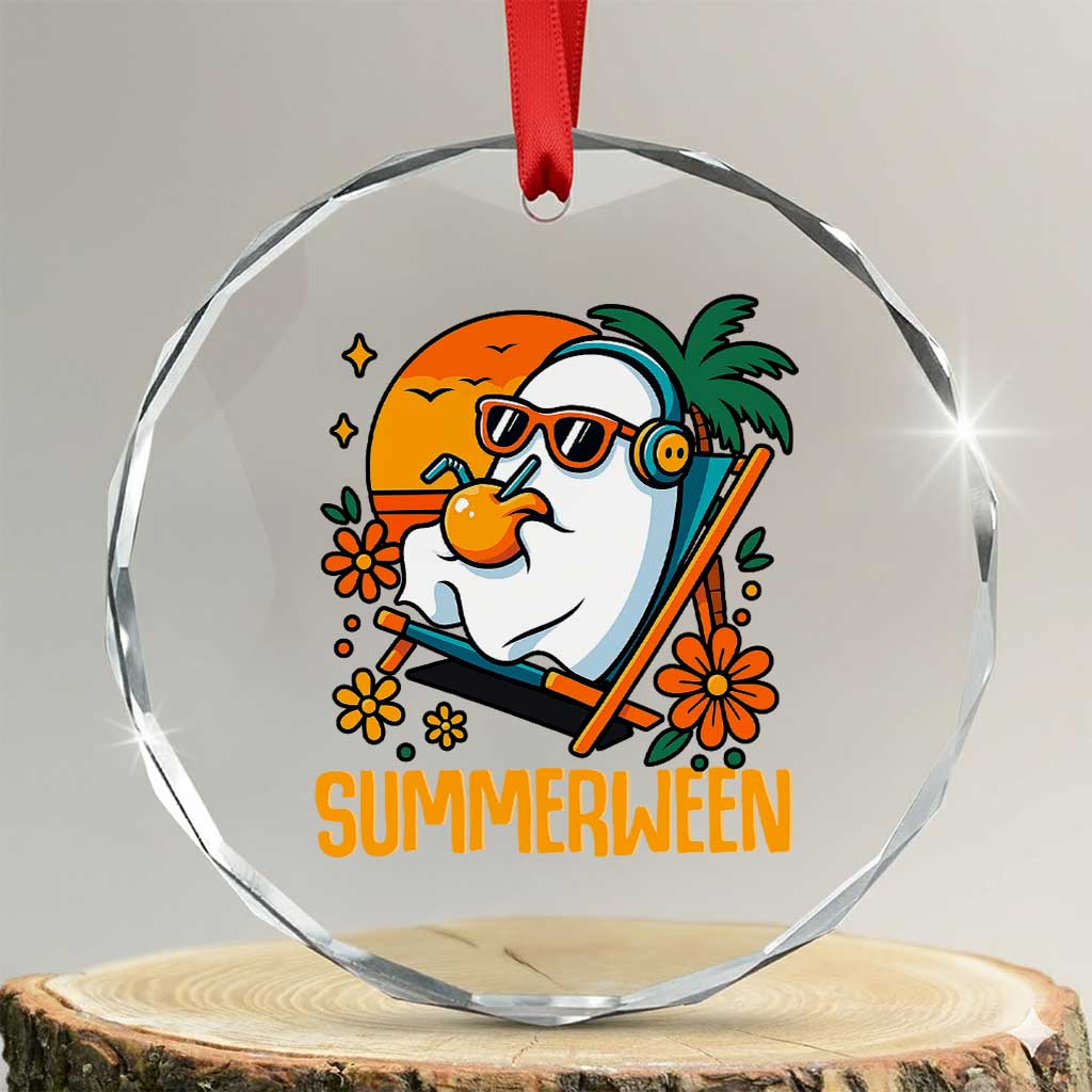 Tropical Summerween Boo Sheet Crystal Glass Ornament Funny Ghost Halloween Summer Beach Vibes TS02 Transparent Glass 3'' Circle Print Your Wear