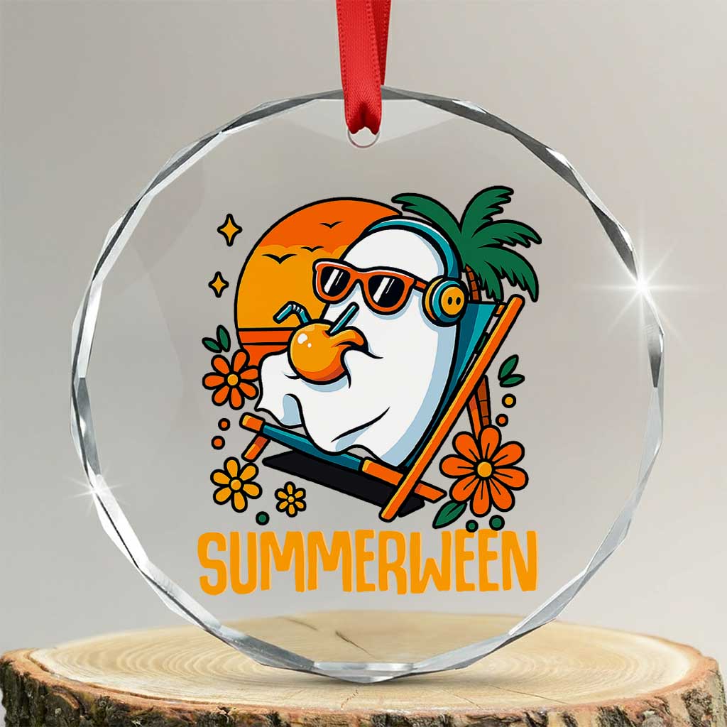 Tropical Summerween Boo Sheet Crystal Glass Ornament Funny Ghost Halloween Summer Beach Vibes TS02 Transparent Glass 3'' Circle Print Your Wear