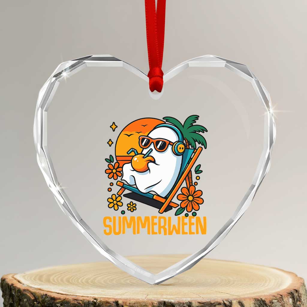 Tropical Summerween Boo Sheet Heart Crystal Glass Ornament Funny Ghost Halloween Summer Beach Vibes TS02 Transparent Glass 3'' Heart Print Your Wear