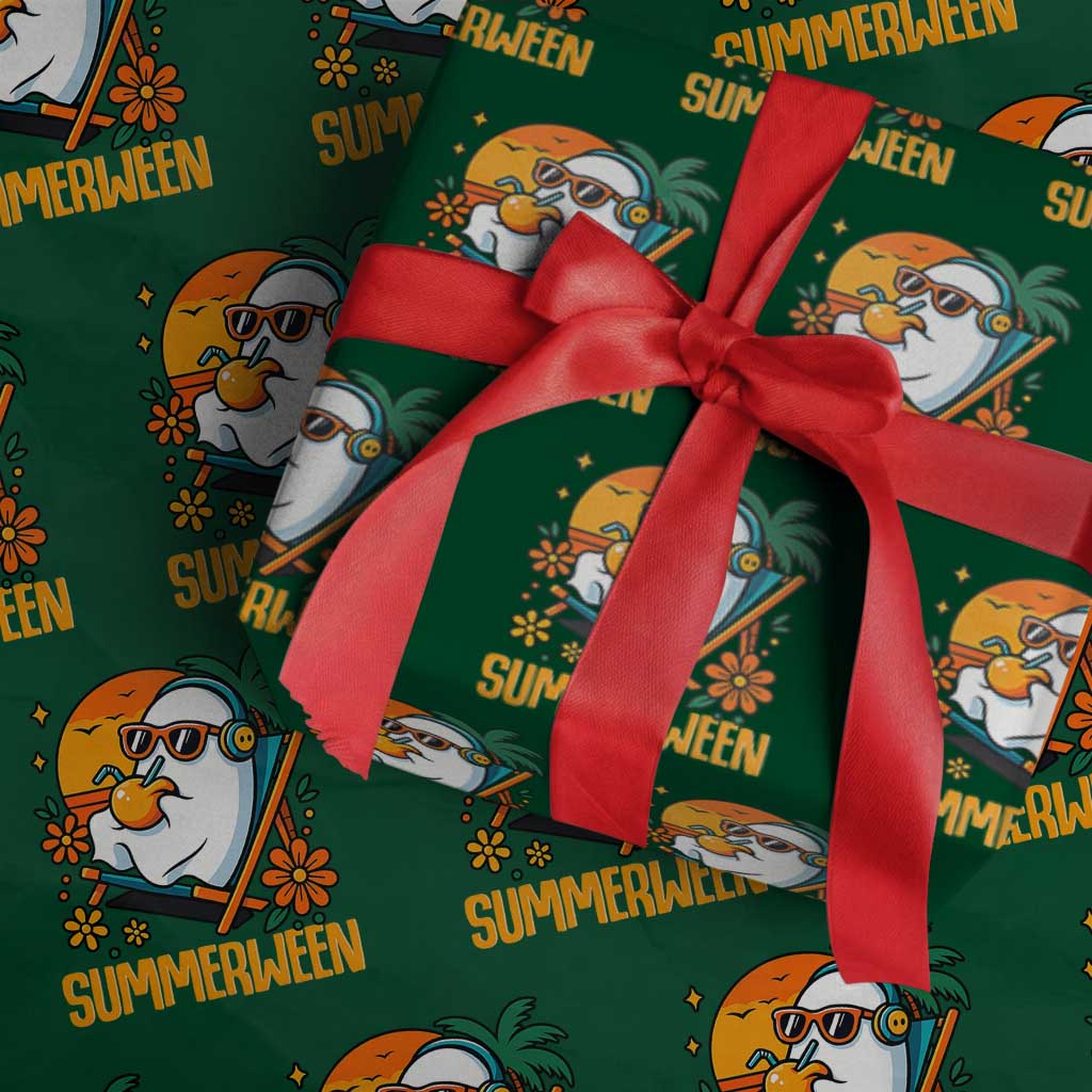 Tropical Summerween Boo Sheet Wrapping Paper Roll Funny Ghost Halloween Summer Beach Vibes TS02 Green Print Your Wear