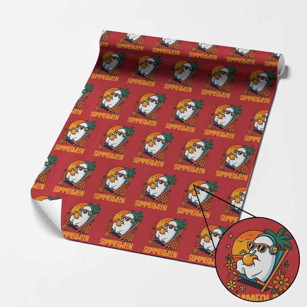 Tropical Summerween Boo Sheet Wrapping Paper Roll Funny Ghost Halloween Summer Beach Vibes TS02 Red Print Your Wear