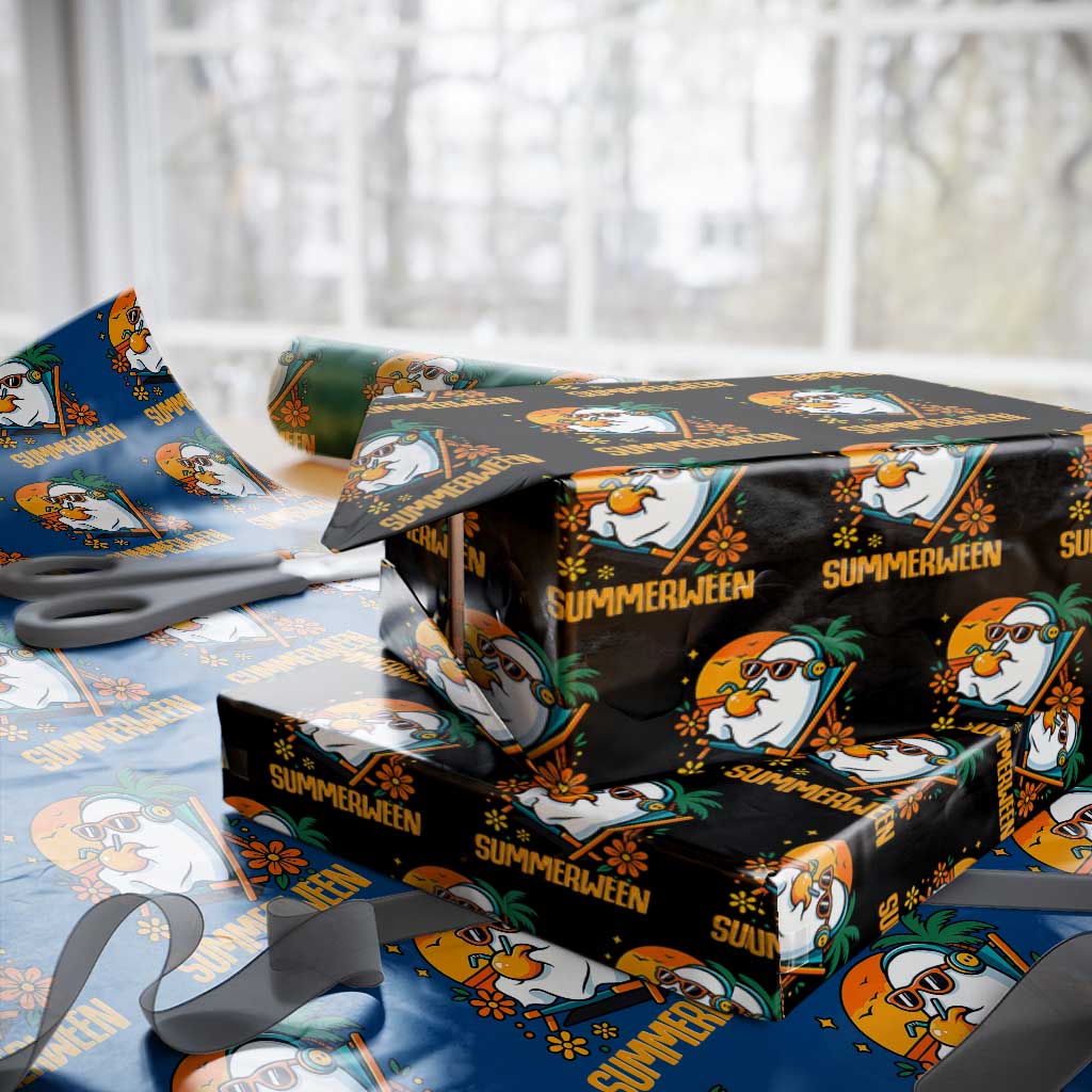 Tropical Summerween Boo Sheet Wrapping Paper Roll Funny Ghost Halloween Summer Beach Vibes TS02 Black Print Your Wear