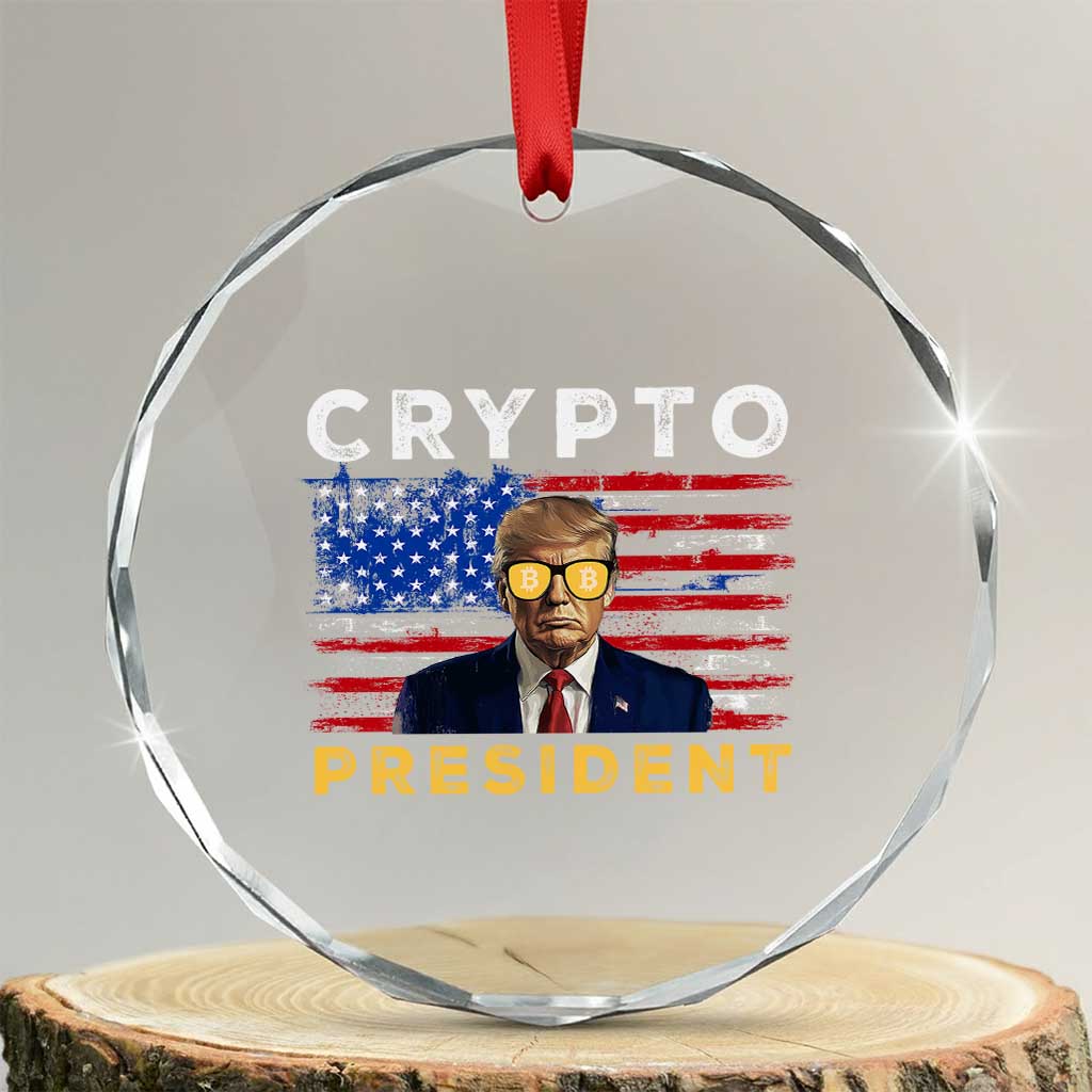 Trump Crypto Crystal Glass Ornament Trump Crypto President Funny MAGA Bitcoin American Flag TS02 Transparent Glass 3'' Circle Print Your Wear