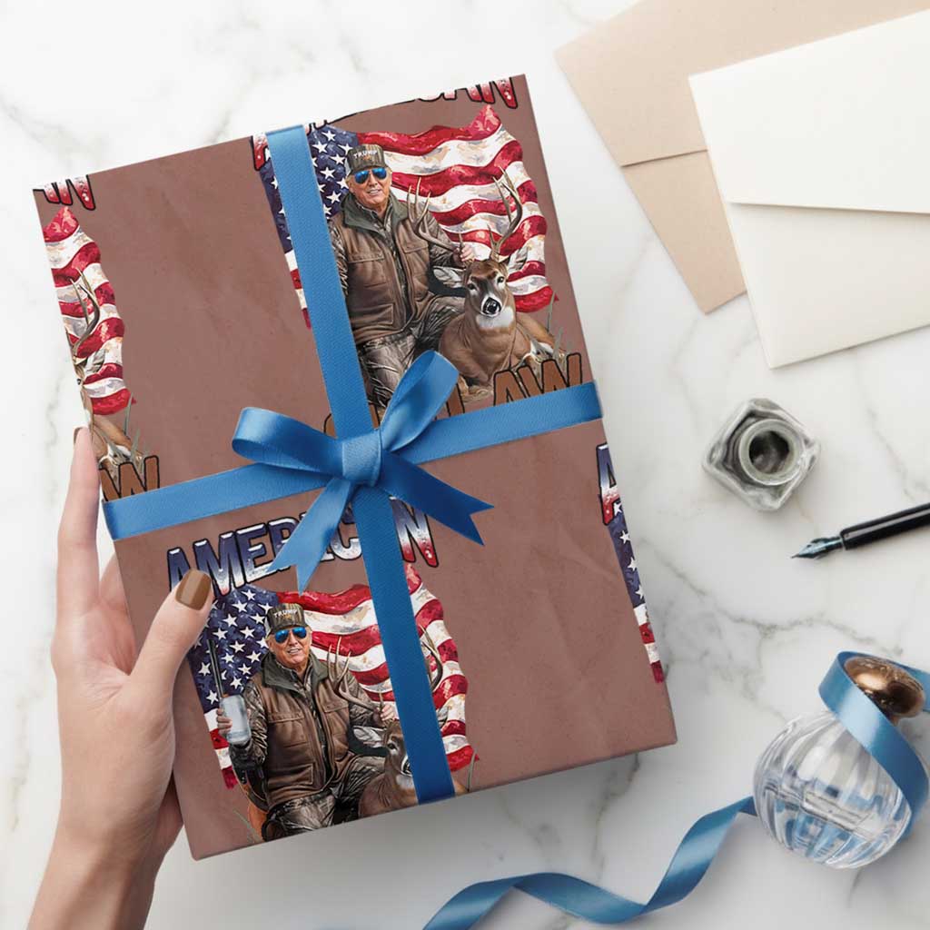 Trump Deer Hunting Wrapping Paper Roll Retro Hunter Beer Drinking American Flag TS02 Mocha Print Your Wear