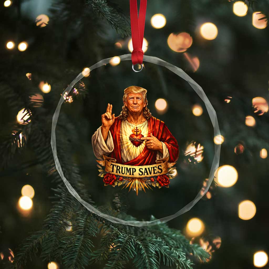 Trump Saves Sacred Heart Religious Parody Crystal Glass Ornament Jesus-Like Devine Leader Political Satire TS02 Print Your Wear