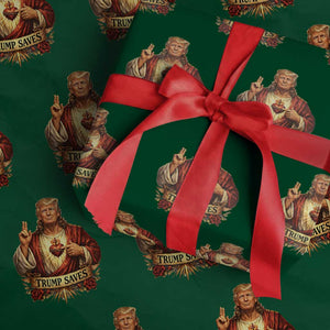 Trump Saves Sacred Heart Religious Parody Wrapping Paper Roll Jesus-Like Devine Leader Political Satire TS02 Green Print Your Wear