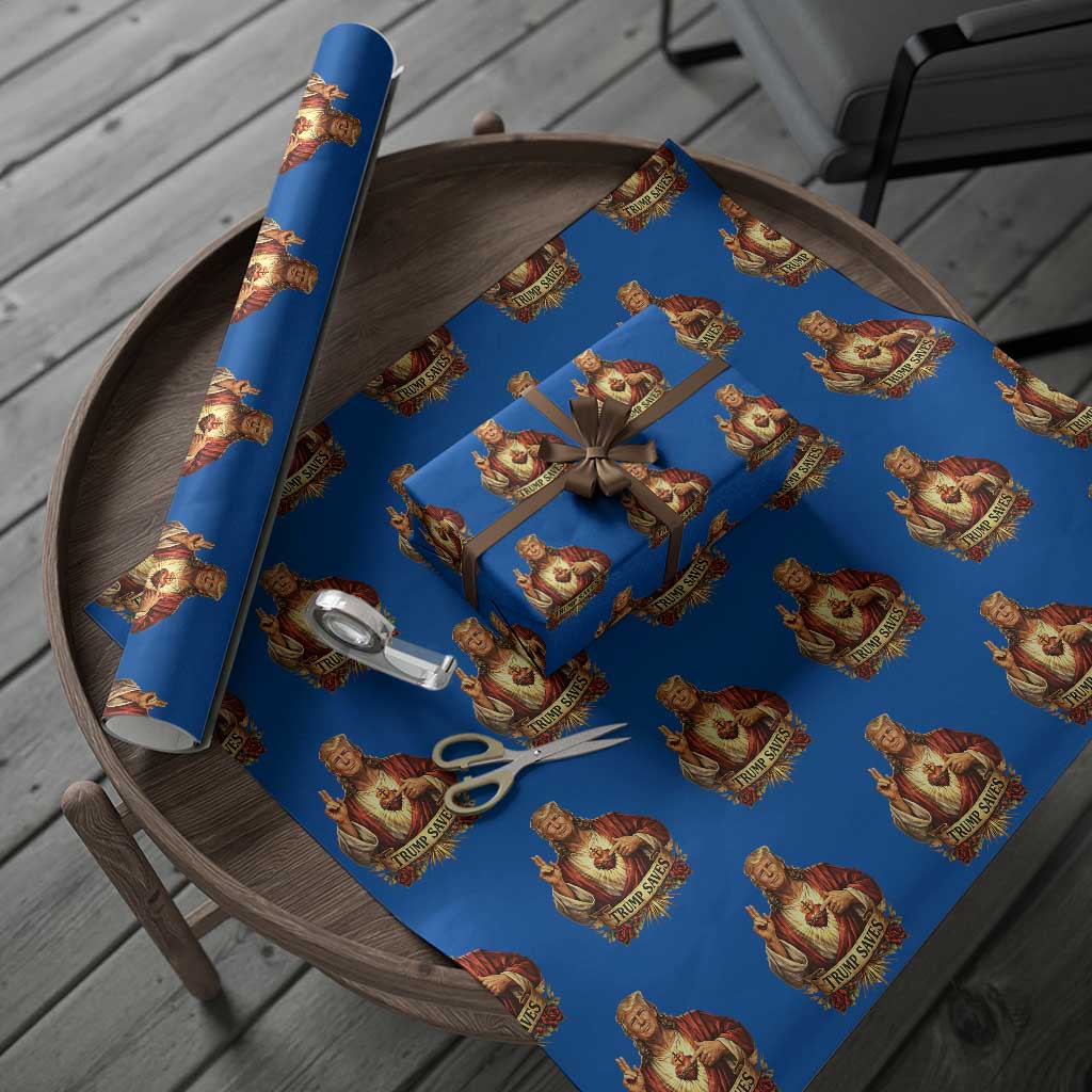 Trump Saves Sacred Heart Religious Parody Wrapping Paper Roll Jesus-Like Devine Leader Political Satire TS02 Blue Print Your Wear