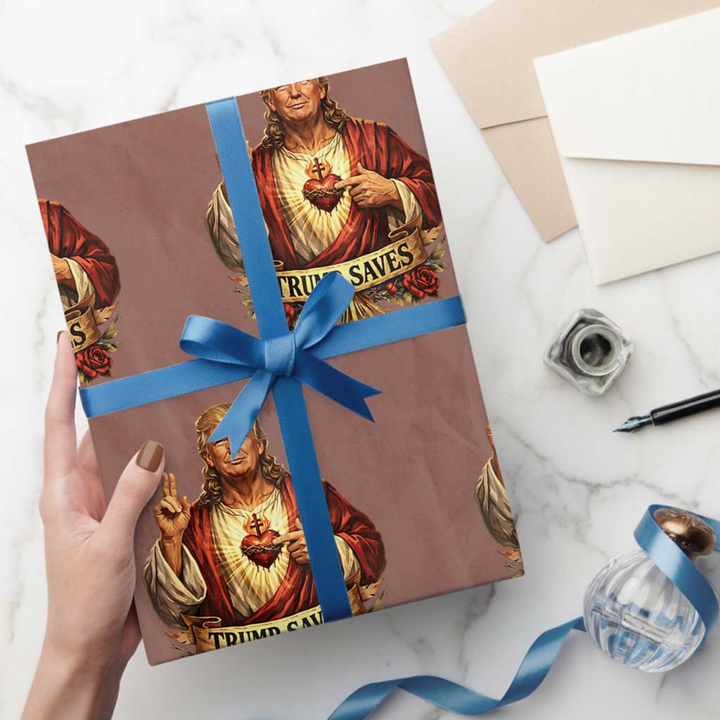 Trump Saves Sacred Heart Religious Parody Wrapping Paper Roll Jesus-Like Devine Leader Political Satire TS02 Mocha Print Your Wear