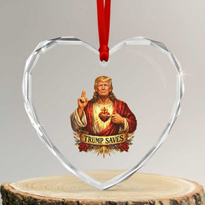 Trump Saves Sacred Heart Religious Parody Heart Crystal Glass Ornament Jesus-Like Devine Leader Political Satire TS02 Transparent Glass 3'' Heart Print Your Wear