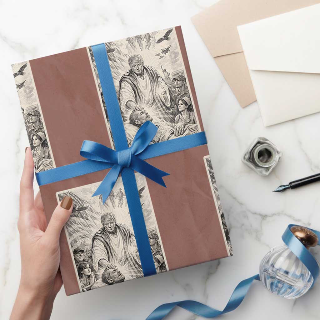 Trump The Healer Graphic Wrapping Paper Roll Vintage Etching Style Religious Political Satire TS02 Mocha Print Your Wear