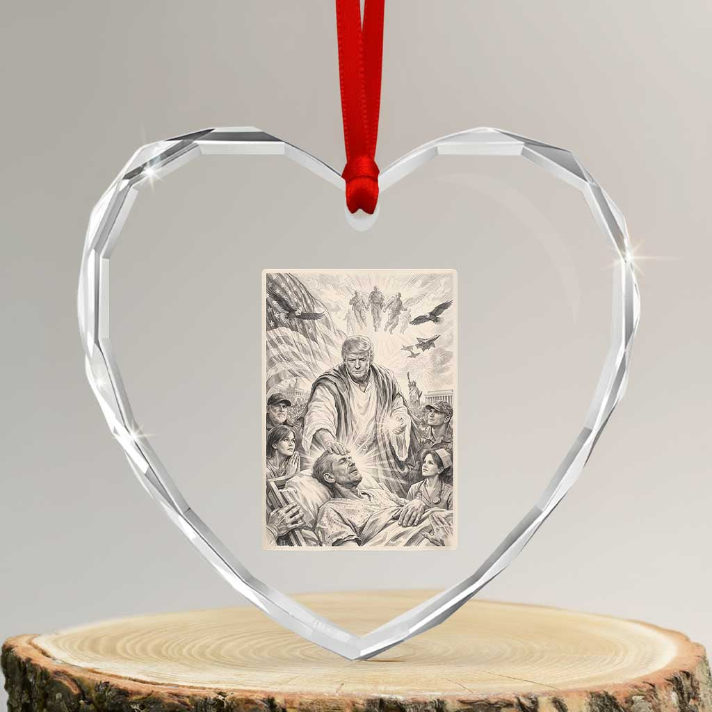 Trump The Healer Graphic Heart Crystal Glass Ornament Vintage Etching Style Religious Political Satire TS02 Transparent Glass 3'' Heart Print Your Wear
