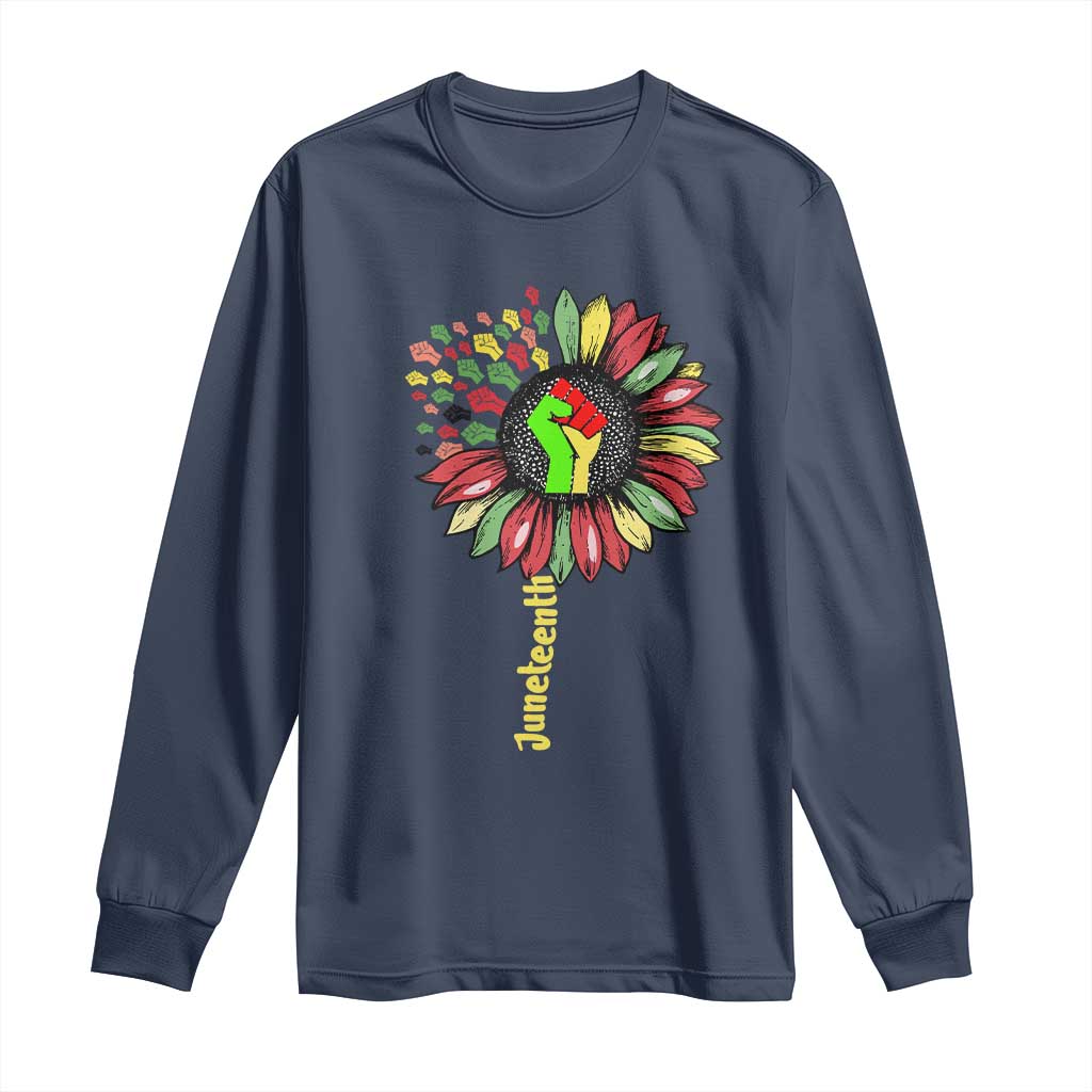 Juneteenth Long Sleeve Shirt Sunflower with Raised Fist Black History African American TS01 Navy Print Your Wear